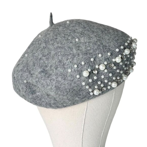 NEW Beret Hat Gray Wool Felt Beaded Embellished Rhinestones Pearls Coquette 90s - Picture 4 of 12